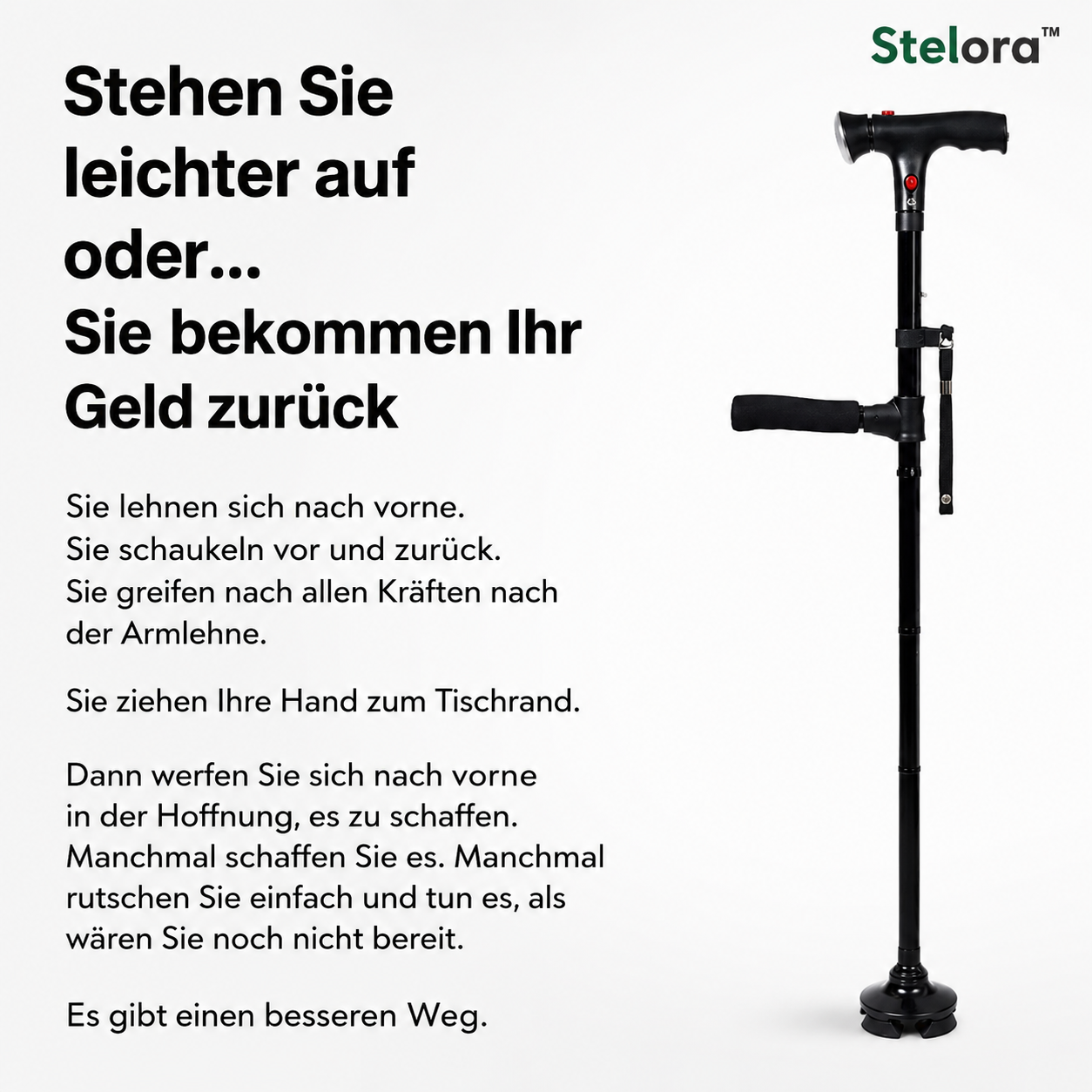 Der Gehstock, der Ihnen hilft, selbstständig aufzustehen und zu gehen, ohne Angst vor einem Sturz zu haben