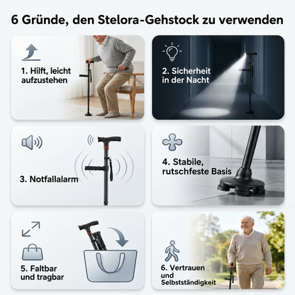 Der Gehstock, der Ihnen hilft, selbstständig aufzustehen und zu gehen, ohne Angst vor einem Sturz zu haben