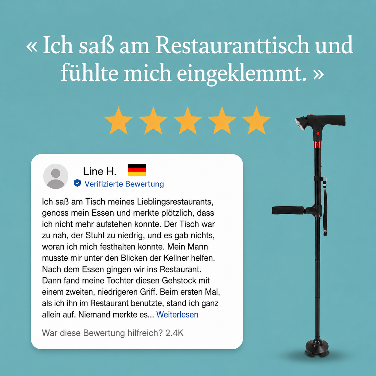 Der Gehstock, der Ihnen hilft, selbstständig aufzustehen und zu gehen, ohne Angst vor einem Sturz zu haben