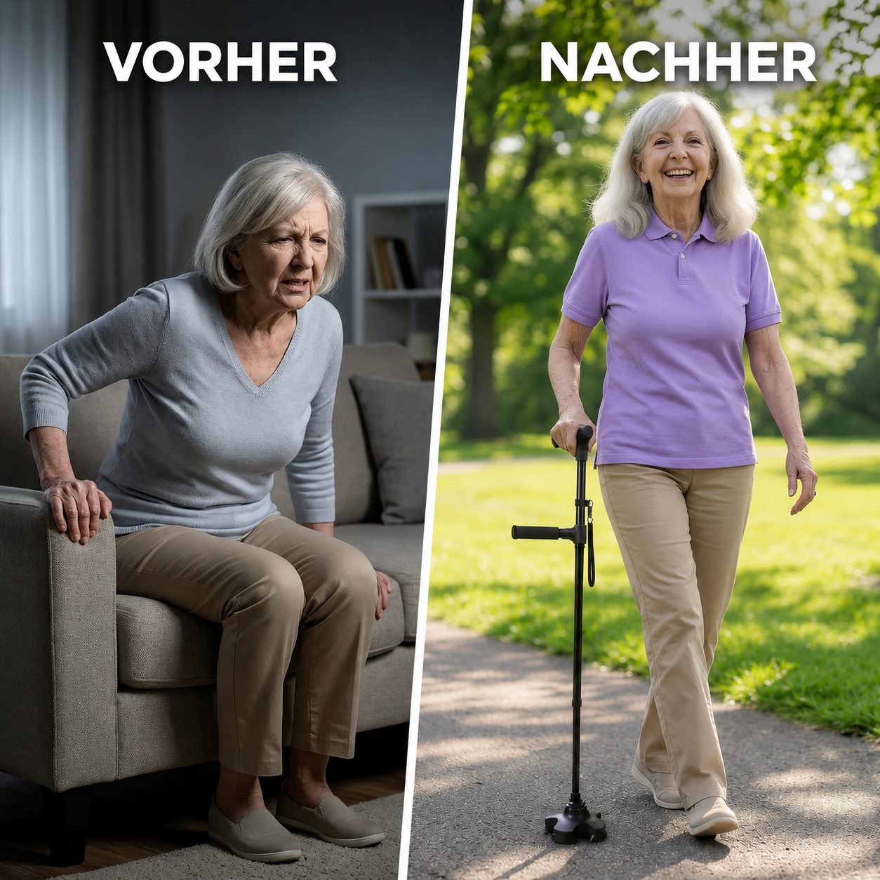 Der Gehstock, der Ihnen hilft, selbstständig aufzustehen und zu gehen, ohne Angst vor einem Sturz zu haben